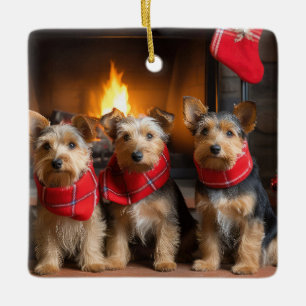 Adorno De Cerámica Terrier Australiano junto a la chimenea en Navidad