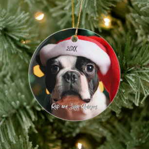 Adorno De Cerámica Terrier de Boston con Navidades de Santa Hat