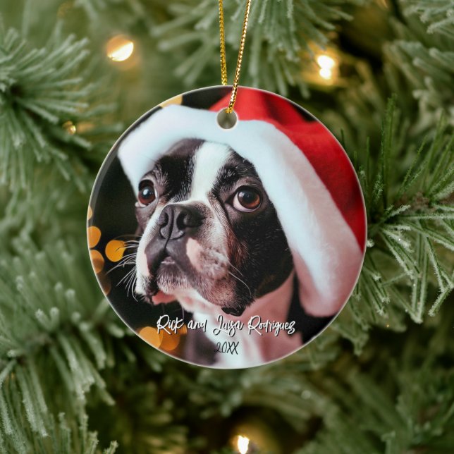 Adorno De Cerámica Terrier de Boston lindo con sombrero de Santa Hat  (Árbol)