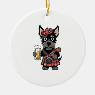 Adorno De Cerámica Terrier escocés con kilt de tartán con cerveza y p
