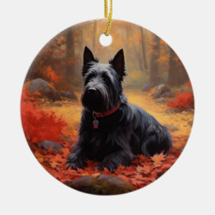 Adorno De Cerámica Terrier Escocés en Otoño Hojas Caídas Inspiran