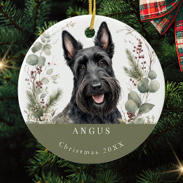 Adorno De Cerámica Terrier Escocés Perro Acuarela Navidad