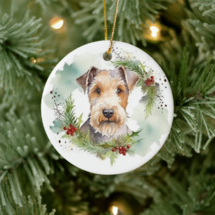 Adorno De Cerámica Terrier Wirefox Corona de Navidad Perro Festivo