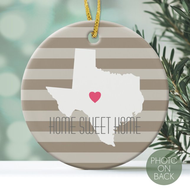 Adorno De Cerámica Texas Map Home State Love with Personalizado Heart (Personalized Photo Ornament)