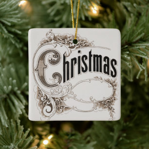 Adorno De Cerámica Texto de Navidad Vintage con borde ornamentado