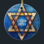 Adorno De Cerámica texto personalizado Feliz Hanukkah ✡️, Estrella de<br><div class="desc">Este encantador ornamento de círculo de cerámica Hanukkah, llamado "Festival de la Armonía de las Luces", es un complemento perfecto para su decoración de vacaciones. La Estrella de David, muy bien elaborada, presenta un estilo de cristal manchado con ricos tonos azules, dorados y marrones, creando un elegante efecto mosaico. En...</div>