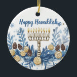 Adorno De Cerámica Texto personalizado Hanukkah Festival de las Luces<br><div class="desc">Este exquisito ornamento de círculo de cerámica Hanukkah, llamado "Festival de las Luces Keepsake", es un complemento perfecto para su decoración de vacaciones. Cuenta con una menorah bellamente hecha con velas brillantes, rodeada de intrincados patrones azules y dorados de hojas y monedas, que evocan el espíritu festivo de Hanukkah. El...</div>
