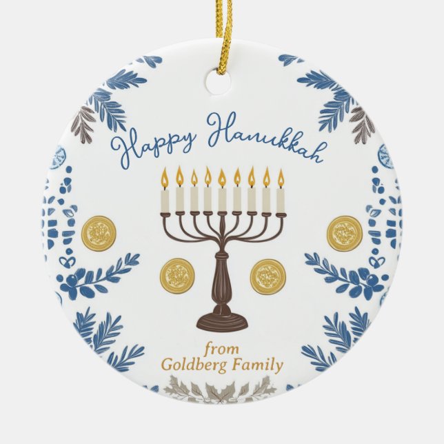 Adorno De Cerámica Texto personalizado Hanukkah Festival de las Luces (Frente)