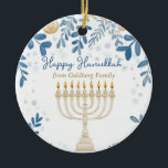 Adorno De Cerámica Texto personalizado Hanukkah Harmony Ornament<br><div class="desc">Este encantador ornamento de círculo de cerámica Hanukkah, llamado "Hanukkah Harmony Ornament", es un complemento perfecto para su decoración de vacaciones. Tiene una menorah muy bien hecha con velas brillantes, ambientada en un fondo azul profundo adornado con intrincados motivos de hojas y monedas en tonos azules y dorados. El elegante...</div>