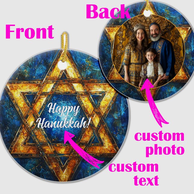 Adorno De Cerámica Texto y foto personalizado Feliz Hanukkah, Estrell (Custom text & photo Happy Hanukkah, Star of David Ceramic Ornament)