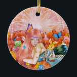 Adorno De Cerámica The Afternoon<br><div class="desc">Everything is pink and warm tones from the background to the young lady hair,  pink sky,  pink tulips,  stufftoys and etc 
Art title: The Afternoon
Medium: Mix Media (watercolor,  acrylic,  and colored pencils on watercolor paper camvas)
Size: 12 x 18 inch
Date: January 19,  2022</div>