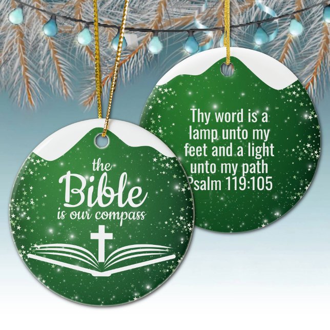 Adorno De Cerámica The Bible is our Compass Bible Verse Festive  ⛪️🎄 (Customizable The Bible is our Compass, Bible Verse Festive Ceramic Ornament Green Psalm 119:105 ✞)