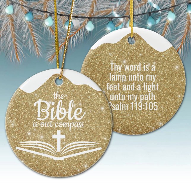 Adorno De Cerámica The Bible is our Compass Bible Verse Festive  ⛪️🎄 (Customizable The Bible is our Compass, Bible Verse Festive Ceramic Ornament Golden Sparkle Psalm ✞)
