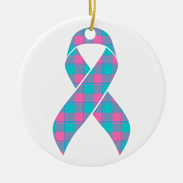Adorno De Cerámica Thyroid Cancer Awareness Plaid Teal Ribbon (Frente)