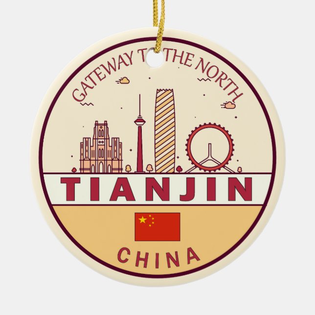 Adorno De Cerámica Tianjin China City Skyline Emblem (Frente)
