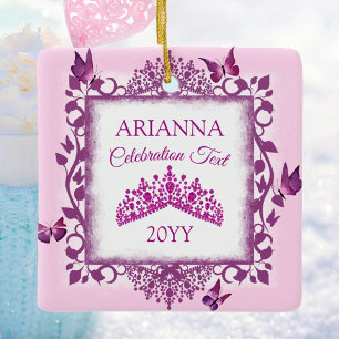 Adorno De Cerámica Tiara de Violeta Personalizada y Mariposas Recuerd
