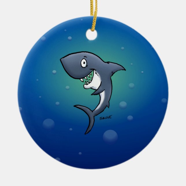 Adorno De Cerámica Tiburón gracioso sonriente con fondo azul (Frente)