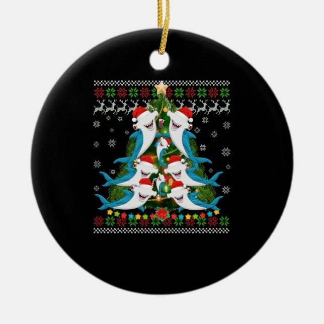 Adorno De Cerámica Tiburón martillo de Navidad iluminando tiburón (Frente)