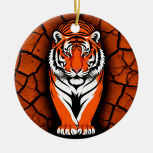 Adorno De Cerámica Tigre Audaz sobre Fondo de Tierra Agrietada