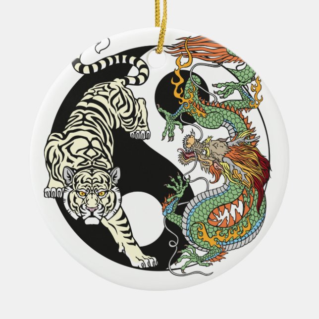 Adorno De Cerámica Tigre blanco contra dragón verde en Yin yang (Frente)