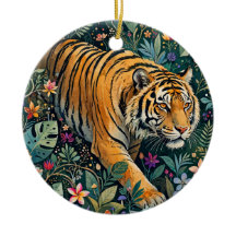 Tigre con ojos ámbar, follaje de jungla fantástica