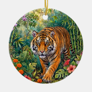 Adorno De Cerámica Tigre de Bengala Jungla de Bambú Vibrante