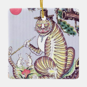 Adorno De Cerámica Tigre Minhwa con conejos y pipa