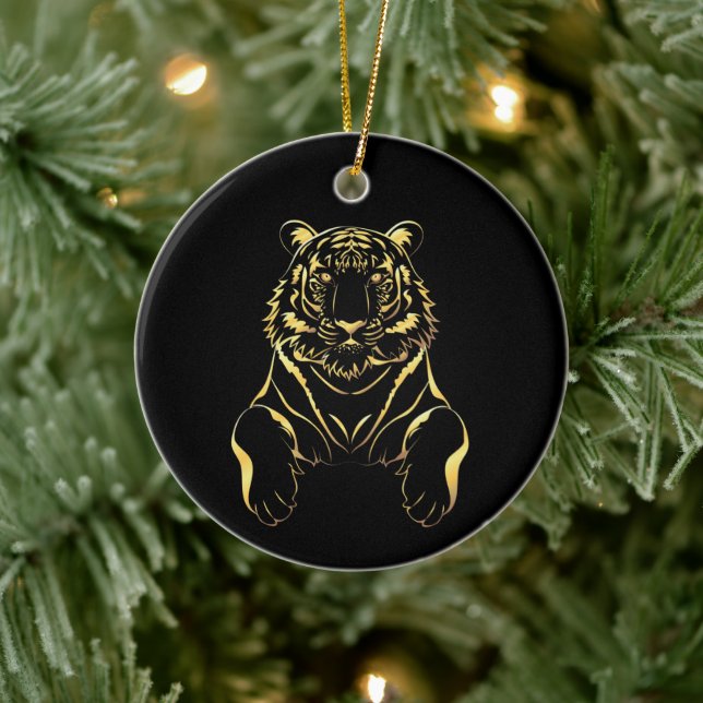 Adorno De Cerámica Tigre negro con rayas de oro (Árbol)