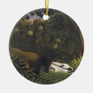 Adorno De Cerámica Tigre que ataca un caballo y a un hombre negro