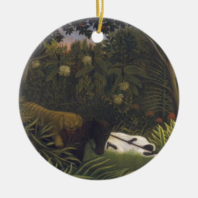 Adorno De Cerámica Tigre que ataca un caballo y a un hombre negro (Frente)