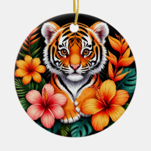 Adorno De Cerámica Tigre rodeado de flores tropicales