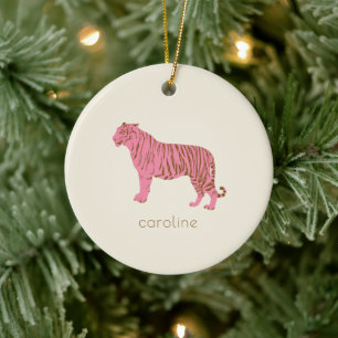 Adorno De Cerámica Tigre Rosa Personalizado Nombre Navidad Elegante