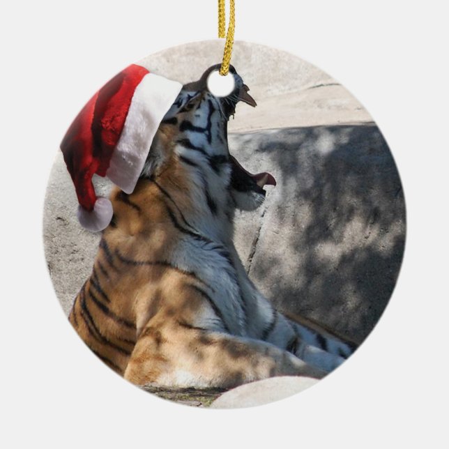 Adorno De Cerámica Tigre rugiendo con Santa Hat (Frente)