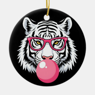 Adorno De Cerámica Tigre vistiendo gafas y agitando la goma rosa