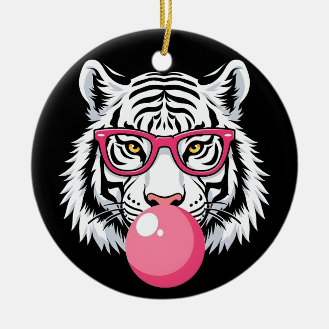 Adorno De Cerámica Tigre vistiendo gafas y agitando la goma rosa (Frente)