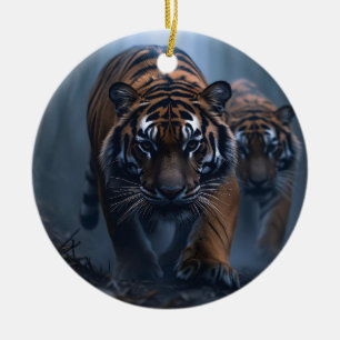 Adorno De Cerámica Tigres majestuosos en una jungla niebla