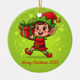 Adorno De Cerámica Tiny Christmas Elf with Gift Personalized 2025