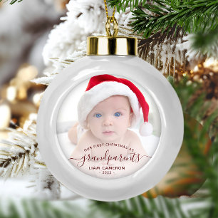 Adorno De Cerámica Tipo Bola Abuelos primera foto de Navidad guión rojo