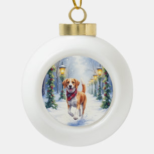 Adorno De Cerámica Tipo Bola Acuarela Beagle Parque Nevado Navidad Fiesta