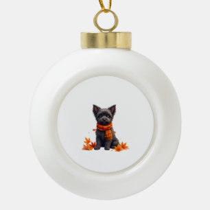 Adorno De Cerámica Tipo Bola Affenpinscher con corazón hecho de hojas de otoño