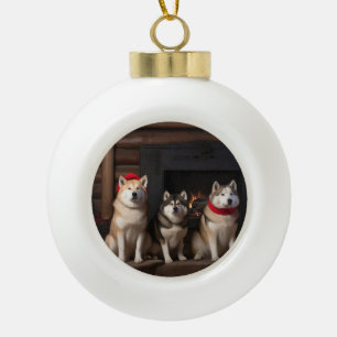 Adorno De Cerámica Tipo Bola Akita junto a la chimenea Navidad