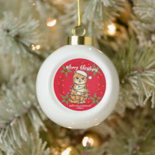Adorno De Cerámica Tipo Bola Alegre y Brillante gato Navidad gatito nieve invie