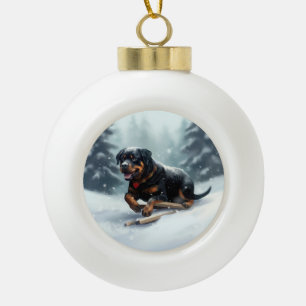 Adorno De Cerámica Tipo Bola Almohadón de Navidad invierno nieve Rottweiler