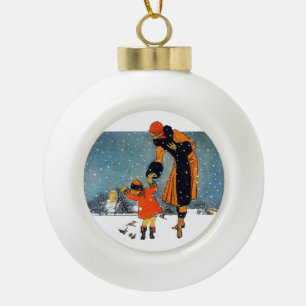 Adorno De Cerámica Tipo Bola Arte Deco Vintage Madre e Hijo Invierno Nieve 