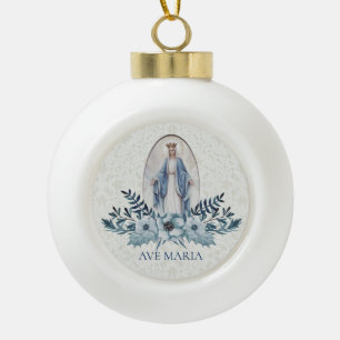 Adorno De Cerámica Tipo Bola Bendita Virgen María Flores Azules Lace