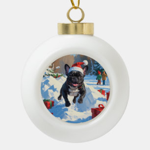 Adorno De Cerámica Tipo Bola Black French Bulldog Escena Navideña Festiva de Ni