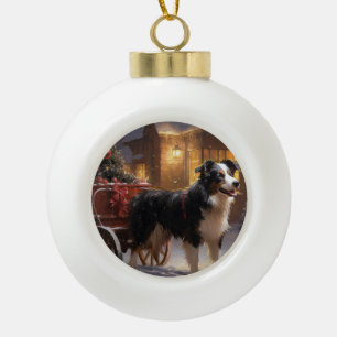 Adorno De Cerámica Tipo Bola Border Collie Temporada Navideña