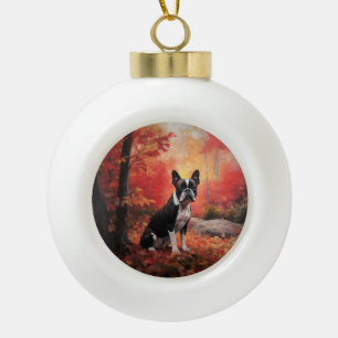 Adorno De Cerámica Tipo Bola Boston Terrier en otoño inspira caída de hojas