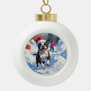 Adorno De Cerámica Tipo Bola Boston Terrier Escena Navideña Festiva de Nieve