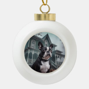 Adorno De Cerámica Tipo Bola Boston Terrier Halloween Aterrador